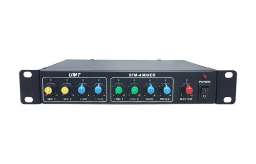 מיקסר קומפקטי 2 כניסות מיק', 2 כניסות LINE גיבוי 12V חיבור מערכת כריזה והגברה לחרום