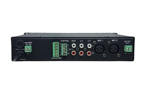 מיקסר קומפקטי 2 כניסות מיק', 2 כניסות LINE גיבוי 12V חיבור מערכת כריזה והגברה לחרום
