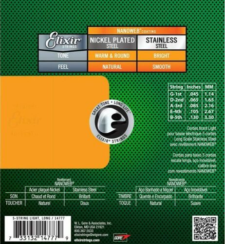 סט 5 מיתרים לבס ELIXIR 14777 NANOWEB STAINLESS STEEL 45-130