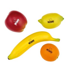 4 פירות שייקר של חברת NINO הכוללים שייקרים בצורת בננה, תפוח, תפוז ולימון Nino