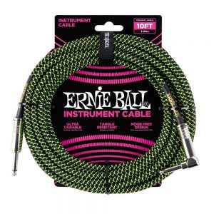 כבל קלוע שחור ירוק לגיטרה חשמלית ישר/זויתי 3 מ’ Ernie Ball 6077