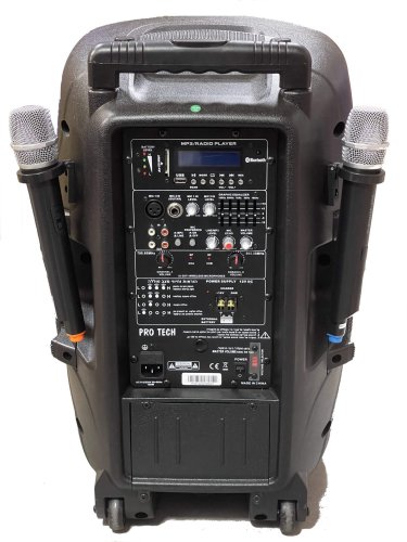 בידורית נטענת נייד 12 עם חיבור BT, כולל זוג מיקרופונים אלחוטיים וגלגלים Protech PRABM712